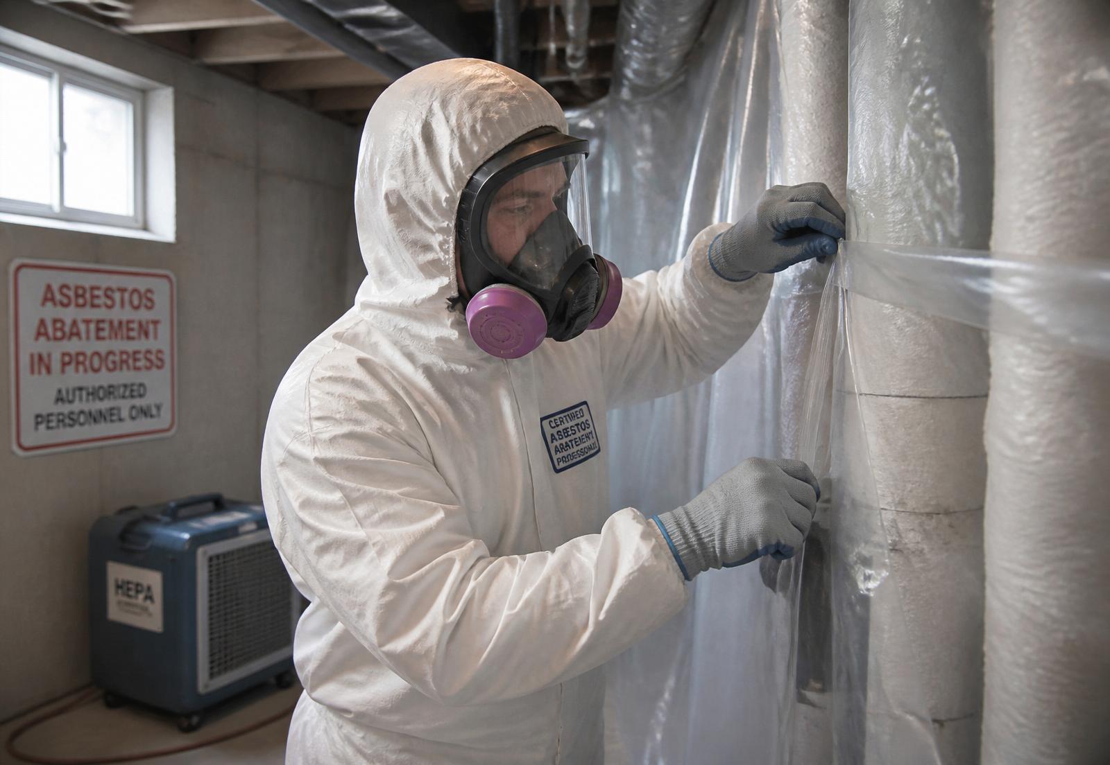 Certified abatement technician in protective coveralls sealing insulated pipes inside a basement